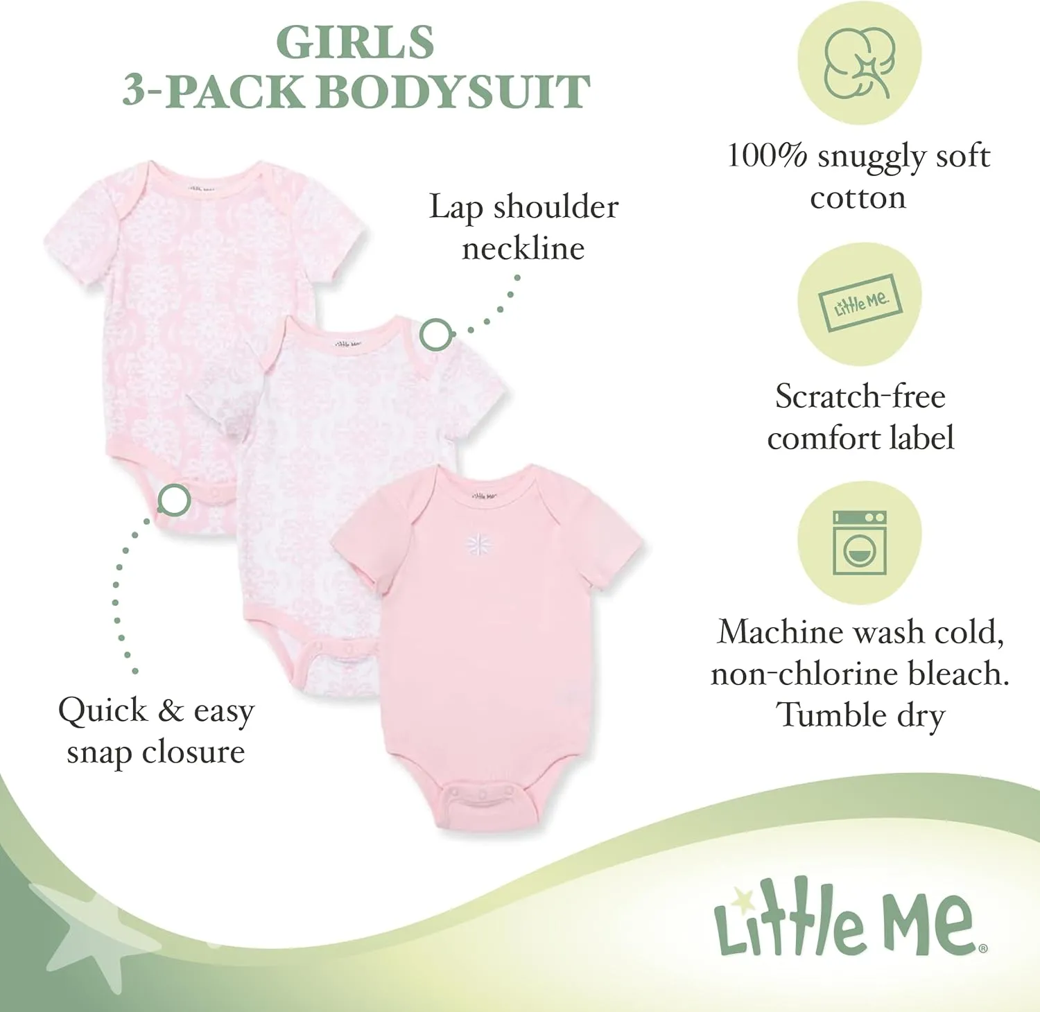 Little Me Baby Girls' 3-Pack 100% Cotton Scratch Free Tag Bodysuits