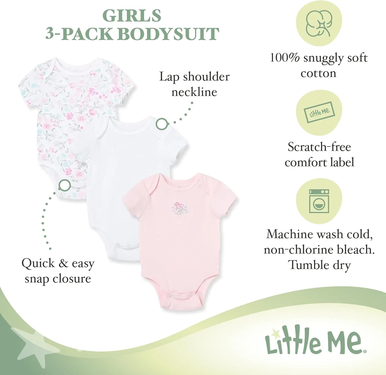 Little Me Baby Girls' 3-Pack 100% Cotton Scratch Free Tag Bodysuits