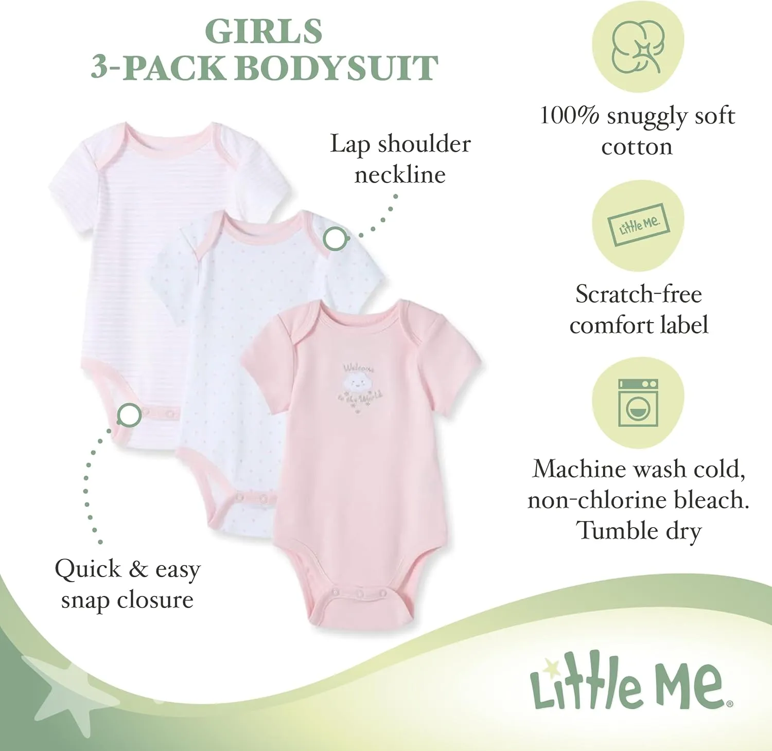 Little Me Baby Girls' 3-Pack 100% Cotton Scratch Free Tag Bodysuits