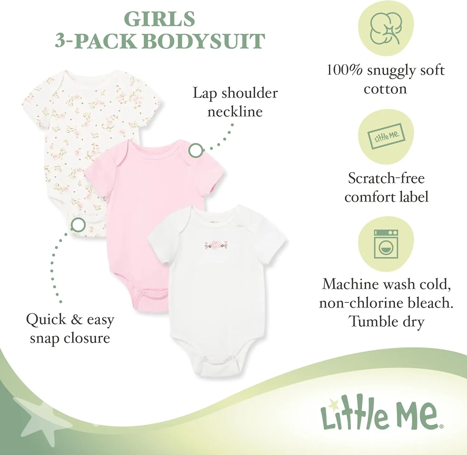 Little Me Baby Girls' 3-Pack 100% Cotton Scratch Free Tag Bodysuits