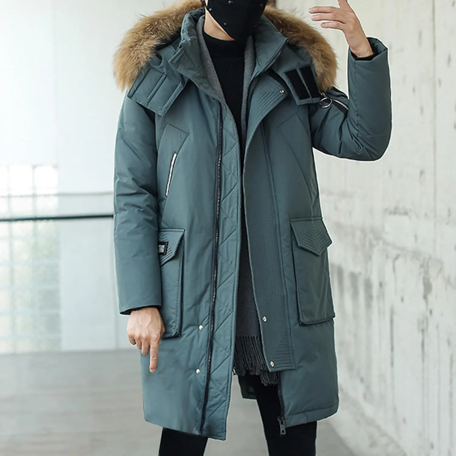 Long Quilted Jacket Men Faux Fur Coat Zip up Padded Coat Winter Down Coat Warm Parka Jacket Thick Overcoat