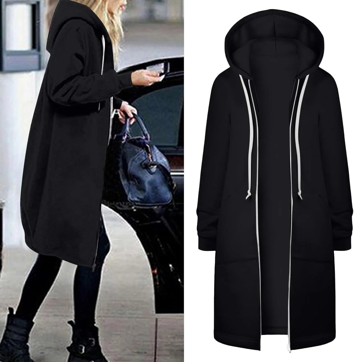 Long Zip Up Hoodie Women Womens Hoodies Coat Fall Winter Warm Pockets Drawstring Zipper Open Thin Womens Black