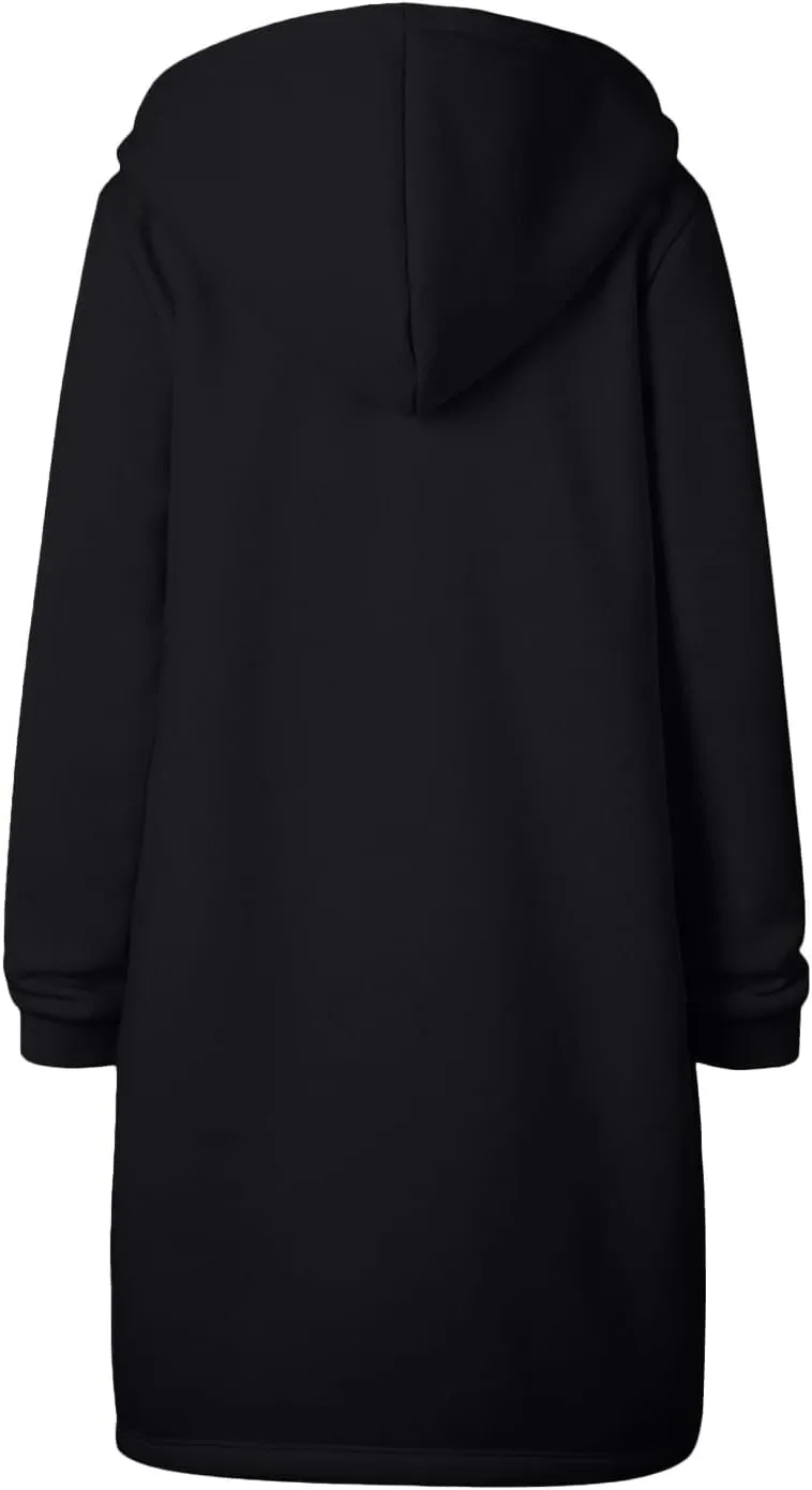 Long Zip Up Hoodie Women Womens Hoodies Coat Fall Winter Warm Pockets Drawstring Zipper Open Thin Womens Black