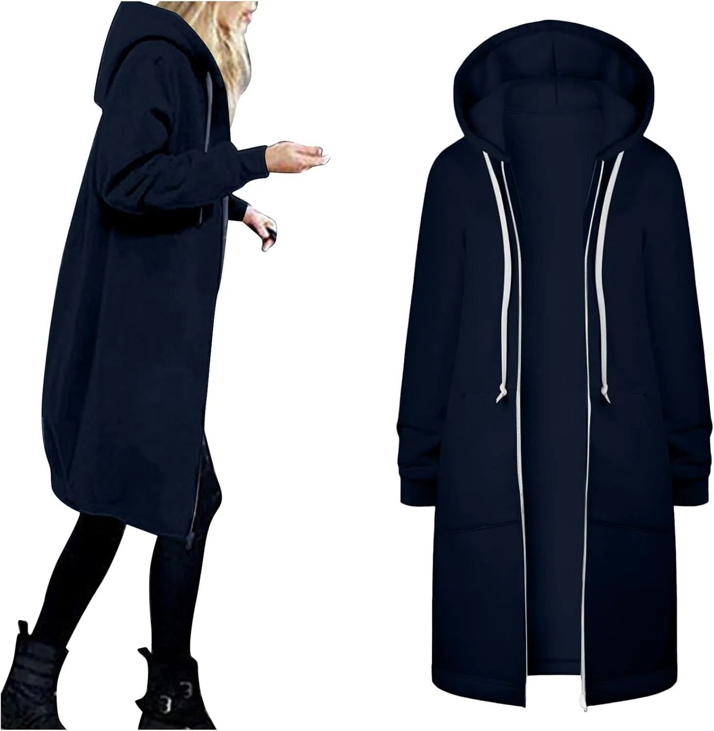 Long Zip Up Hoodie Women Womens Hoodies Coat Fall Winter Warm Pockets Drawstring Zipper Open Thin Womens Black