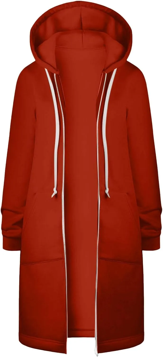 Long Zip Up Hoodie Women Womens Hoodies Coat Fall Winter Warm Pockets Drawstring Zipper Open Thin Womens Black