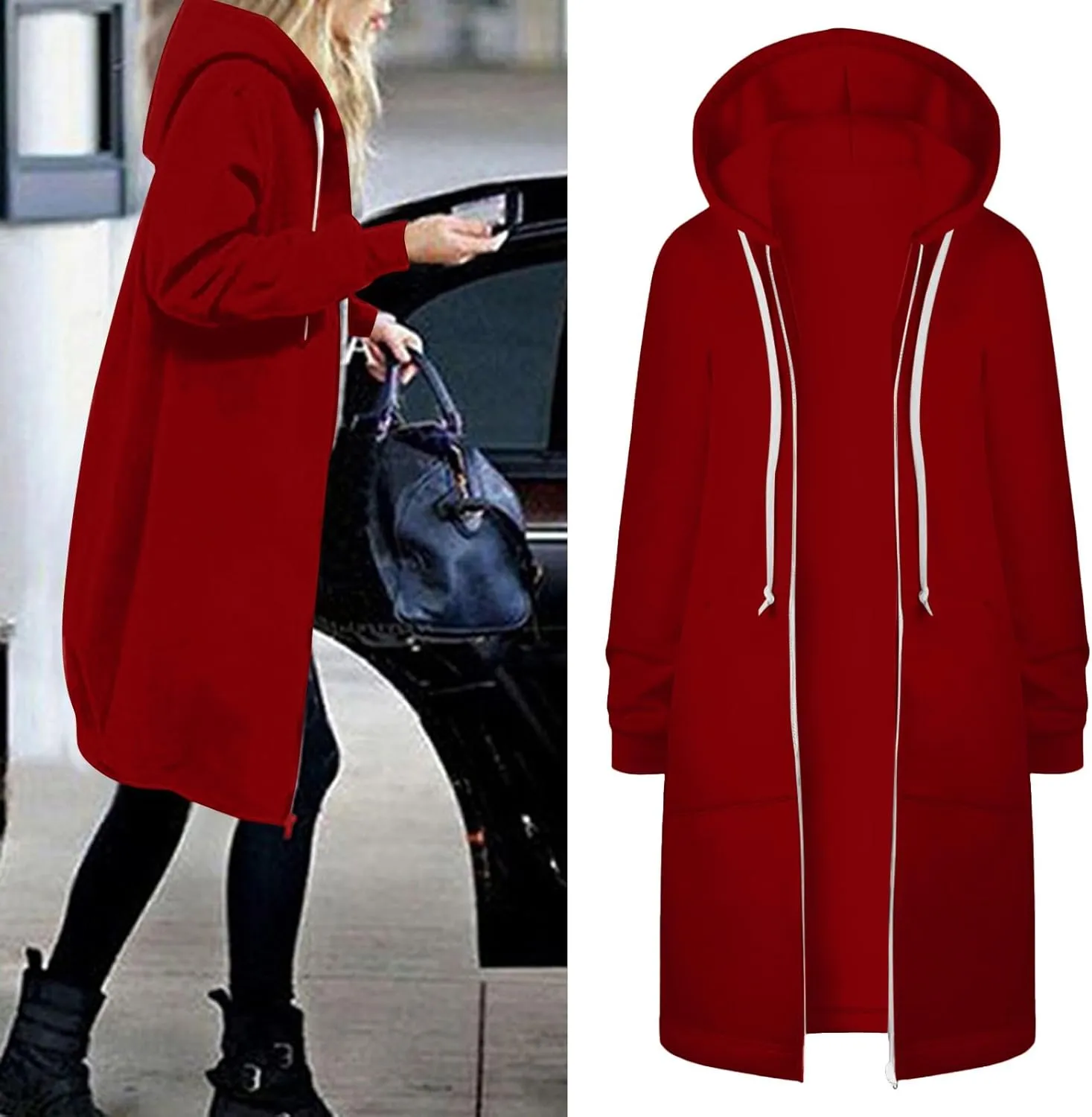 Long Zip Up Hoodie Women Womens Hoodies Coat Fall Winter Warm Pockets Drawstring Zipper Open Thin Womens Black