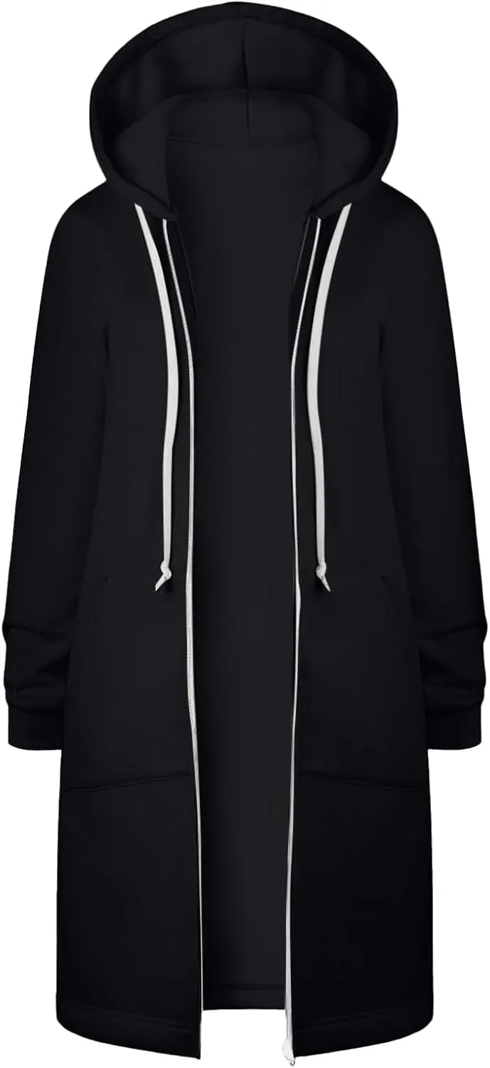 Long Zip Up Hoodie Women Womens Hoodies Coat Fall Winter Warm Pockets Drawstring Zipper Open Thin Womens Black