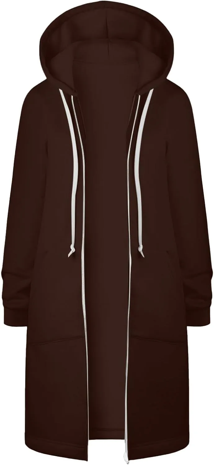 Long Zip Up Hoodie Women Womens Hoodies Coat Fall Winter Warm Pockets Drawstring Zipper Open Thin Womens Black