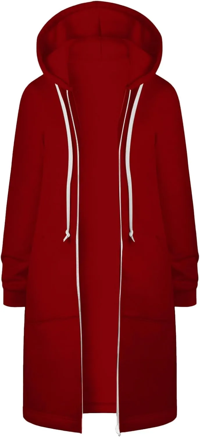 Long Zip Up Hoodie Women Womens Hoodies Coat Fall Winter Warm Pockets Drawstring Zipper Open Thin Womens Black