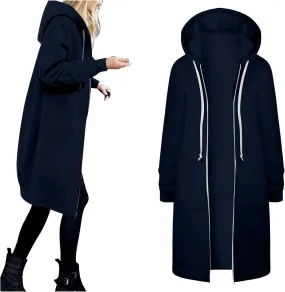 Long Zip Up Hoodie Women Womens Hoodies Coat Fall Winter Warm Pockets Drawstring Zipper Open Thin Womens Black