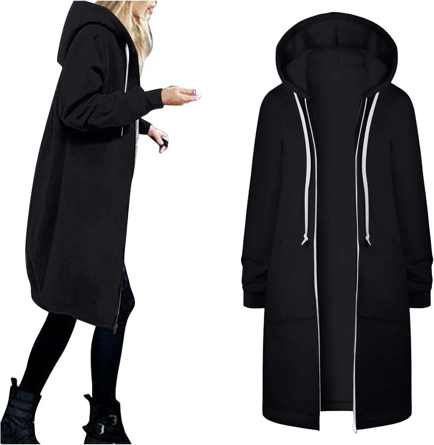 Long Zip Up Hoodie Women Womens Hoodies Coat Fall Winter Warm Pockets Drawstring Zipper Open Thin Womens Black