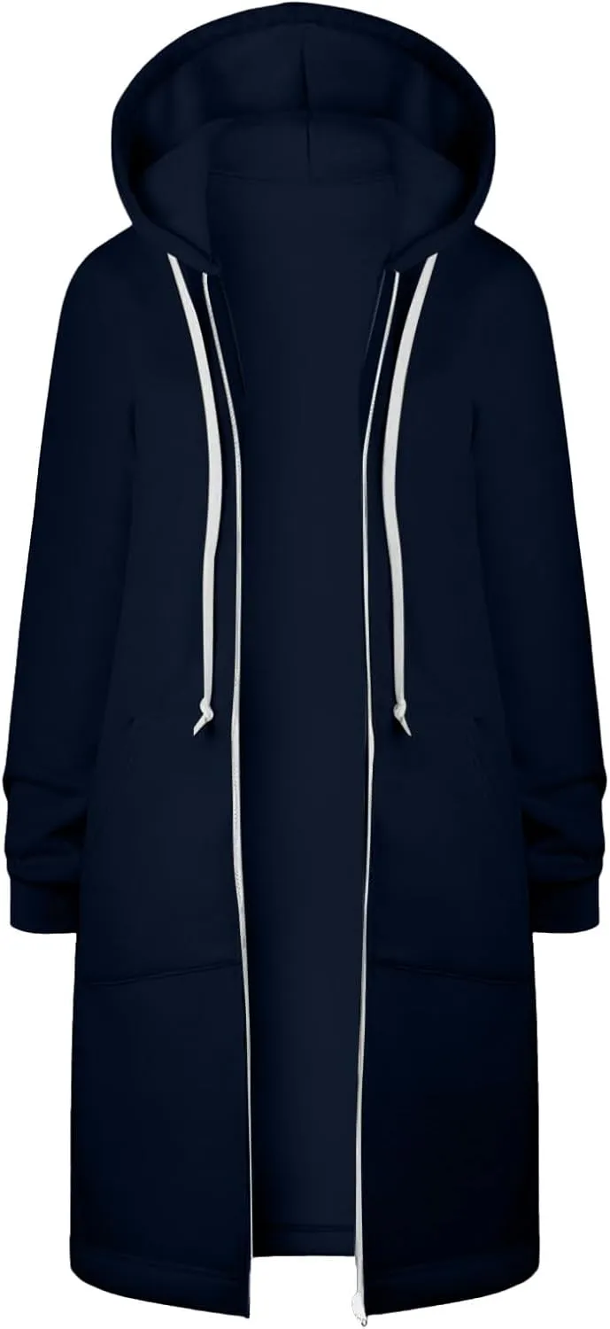 Long Zip Up Hoodie Women Womens Hoodies Coat Fall Winter Warm Pockets Drawstring Zipper Open Thin Womens Black