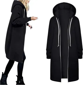 Long Zip Up Hoodie Women Womens Hoodies Coat Fall Winter Warm Pockets Drawstring Zipper Open Thin Womens Black