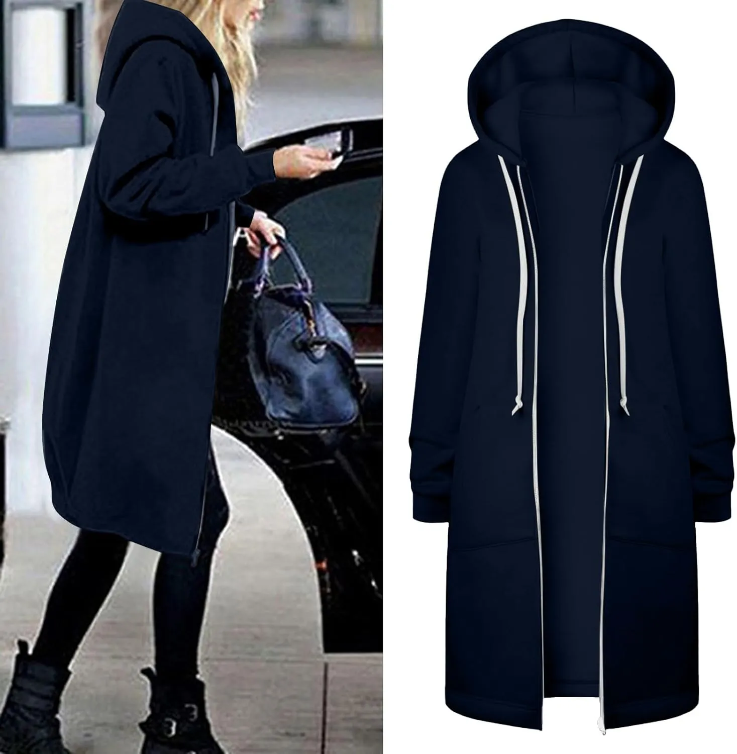 Long Zip Up Hoodie Women Womens Hoodies Coat Fall Winter Warm Pockets Drawstring Zipper Open Thin Womens Black