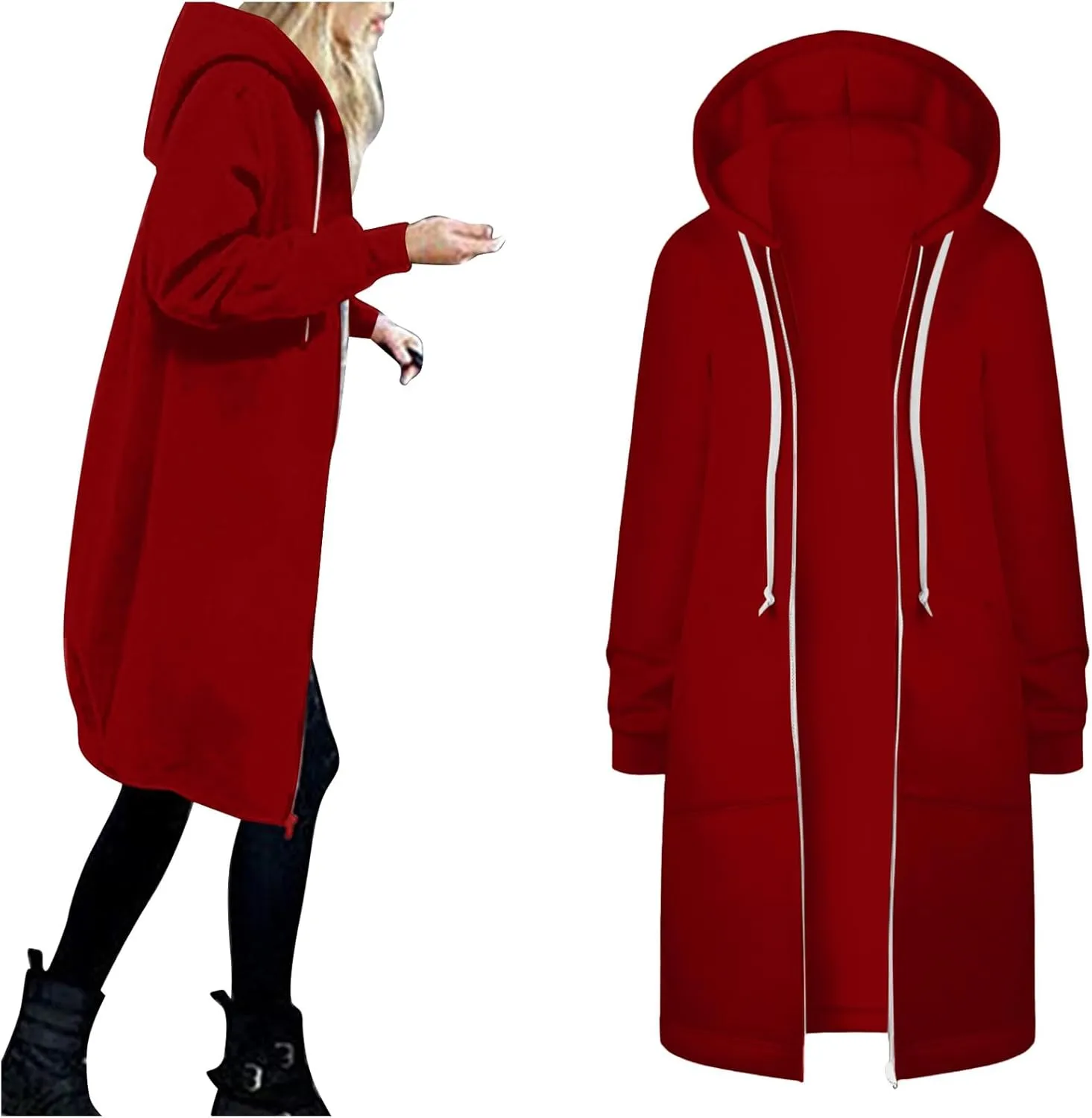 Long Zip Up Hoodie Women Womens Hoodies Coat Fall Winter Warm Pockets Drawstring Zipper Open Thin Womens Black