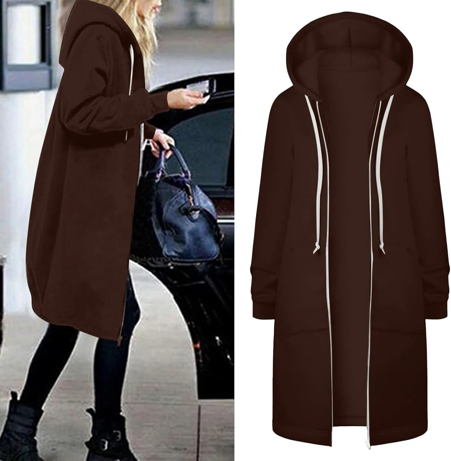 Long Zip Up Hoodie Women Womens Hoodies Coat Fall Winter Warm Pockets Drawstring Zipper Open Thin Womens Black