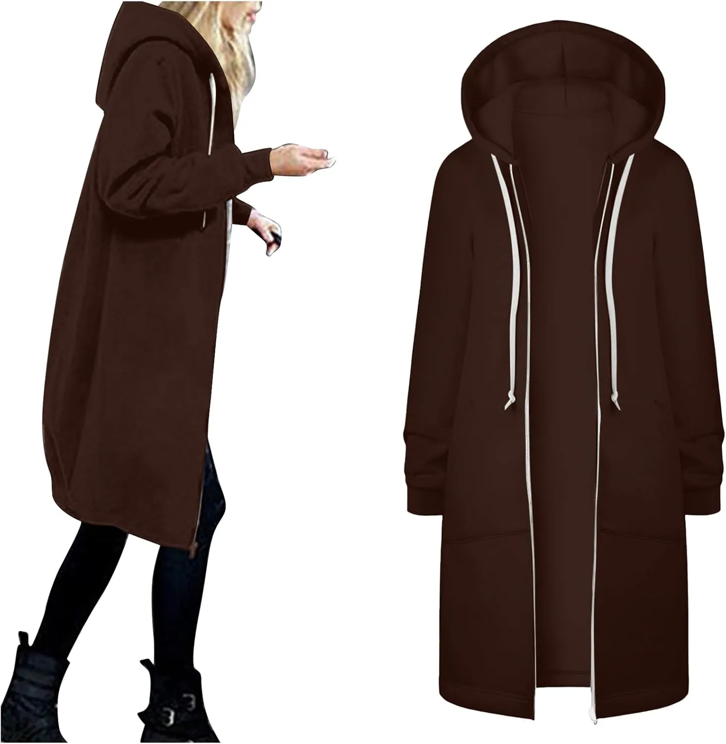 Long Zip Up Hoodie Women Womens Hoodies Coat Fall Winter Warm Pockets Drawstring Zipper Open Thin Womens Black