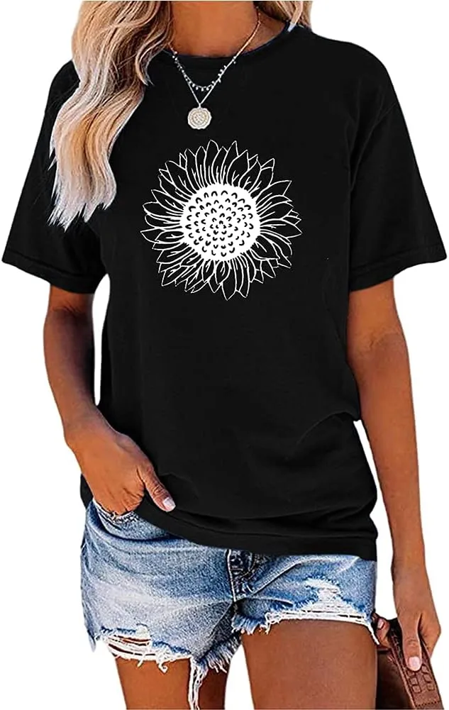 MaQiYa Womens Cute Sunflower Graphic Printed Tee Shirts Vintage Short Sleeve Cotton Shirts Tops