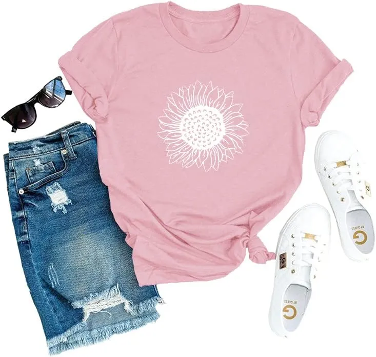 MaQiYa Womens Cute Sunflower Graphic Printed Tee Shirts Vintage Short Sleeve Cotton Shirts Tops