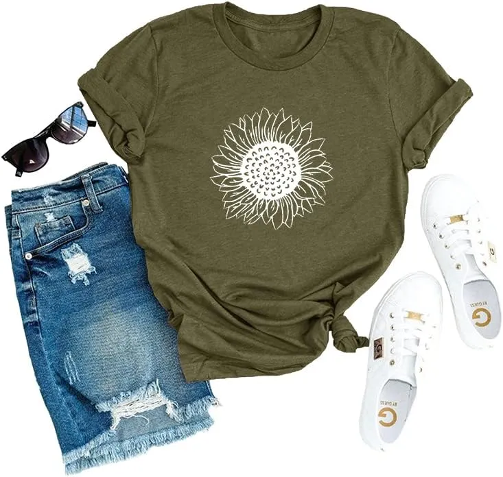 MaQiYa Womens Cute Sunflower Graphic Printed Tee Shirts Vintage Short Sleeve Cotton Shirts Tops