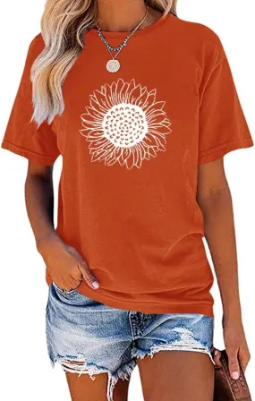 MaQiYa Womens Cute Sunflower Graphic Printed Tee Shirts Vintage Short Sleeve Cotton Shirts Tops