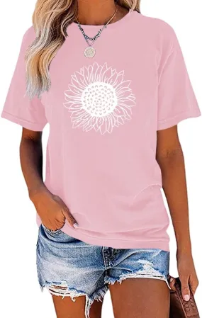 MaQiYa Womens Cute Sunflower Graphic Printed Tee Shirts Vintage Short Sleeve Cotton Shirts Tops