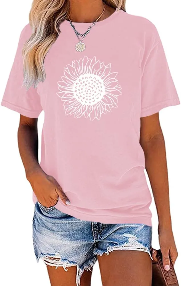 MaQiYa Womens Cute Sunflower Graphic Printed Tee Shirts Vintage Short Sleeve Cotton Shirts Tops