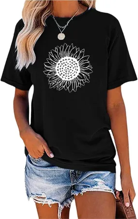 MaQiYa Womens Cute Sunflower Graphic Printed Tee Shirts Vintage Short Sleeve Cotton Shirts Tops