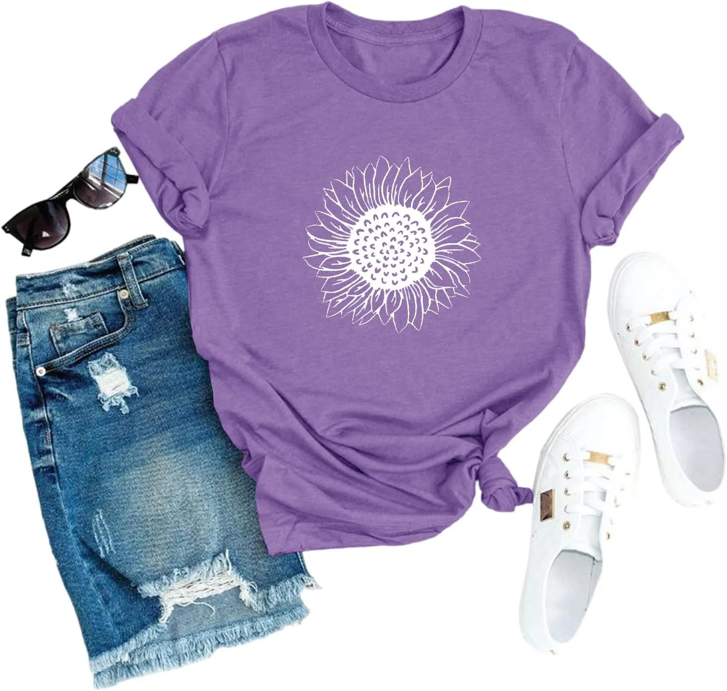 MaQiYa Womens Cute Sunflower Graphic Printed Tee Shirts Vintage Short Sleeve Cotton Shirts Tops