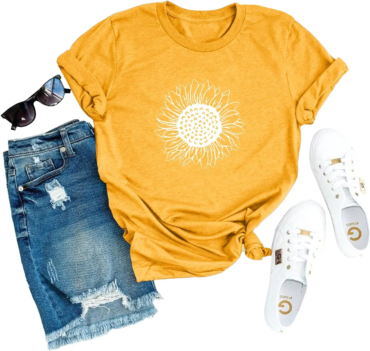 MaQiYa Womens Cute Sunflower Graphic Printed Tee Shirts Vintage Short Sleeve Cotton Shirts Tops