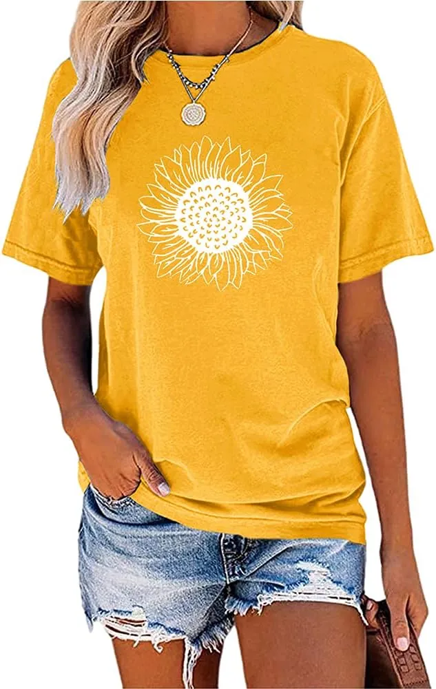 MaQiYa Womens Cute Sunflower Graphic Printed Tee Shirts Vintage Short Sleeve Cotton Shirts Tops