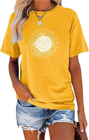 MaQiYa Womens Cute Sunflower Graphic Printed Tee Shirts Vintage Short Sleeve Cotton Shirts Tops