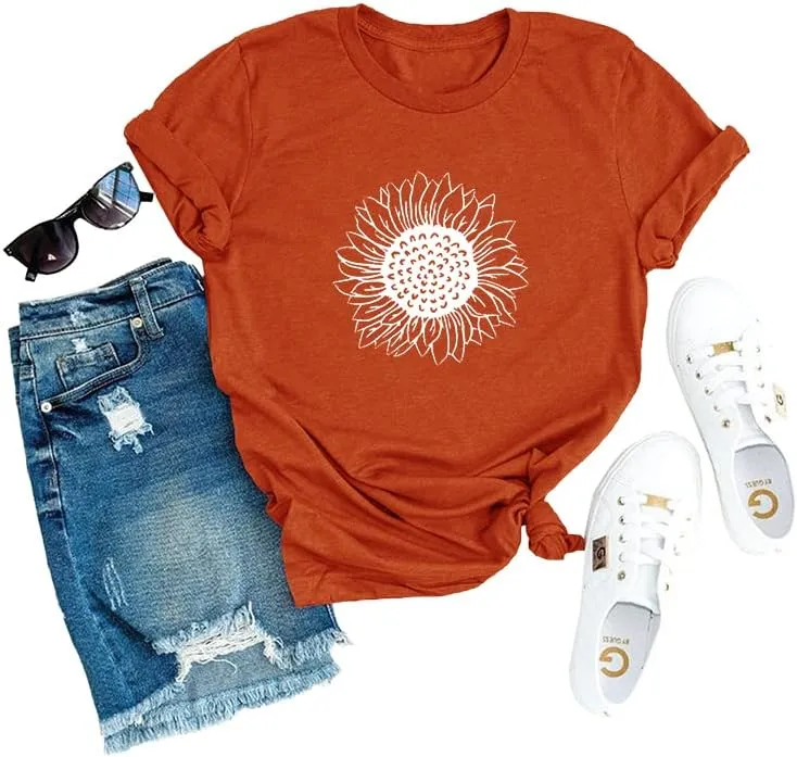 MaQiYa Womens Cute Sunflower Graphic Printed Tee Shirts Vintage Short Sleeve Cotton Shirts Tops