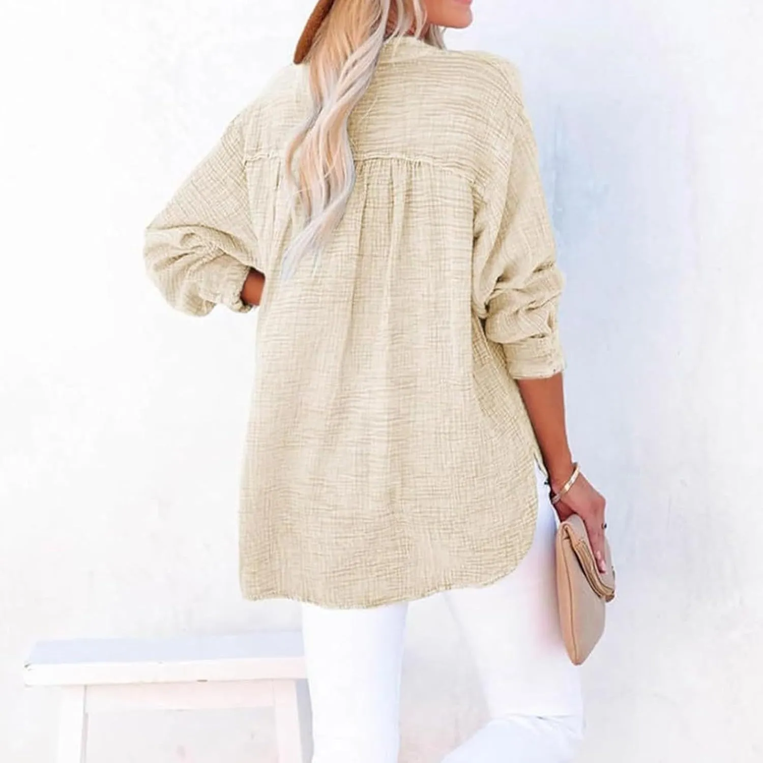 Masbird Womens Tops Dressy Casual Womens Casual Button V Neck Long Sleeve Shirts Oversized Solid Blouses Tops for Women