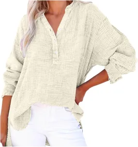 Masbird Womens Tops Dressy Casual Womens Casual Button V Neck Long Sleeve Shirts Oversized Solid Blouses Tops for Women