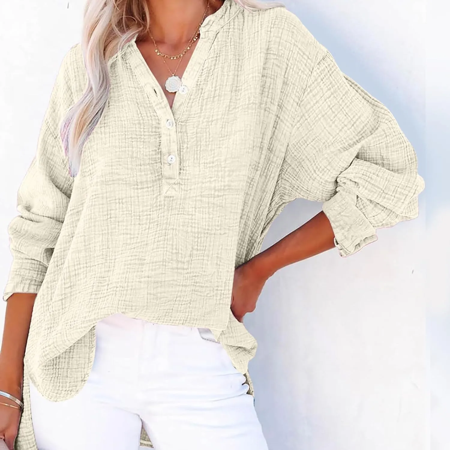 Masbird Womens Tops Dressy Casual Womens Casual Button V Neck Long Sleeve Shirts Oversized Solid Blouses Tops for Women