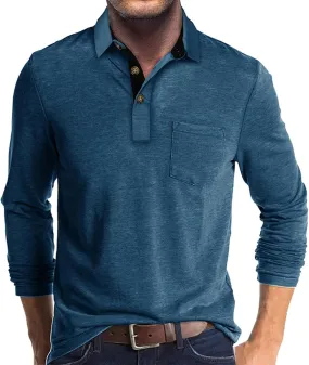 Men Fall Winter Polo Shirts Long Sleeved Flip Collar Tops Pocket Button V Neck T Shirts Golf Casual Sports Tops