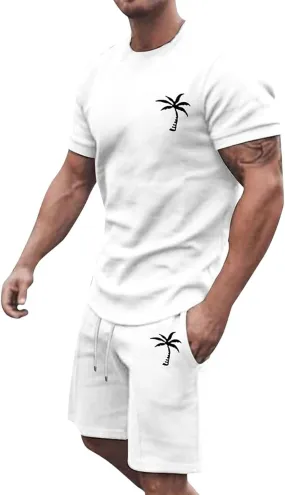 Mens 2 Piece Outfits Summer Casual Tracksuits Short Sleeve Crewneck T Shirts and Drawstring Shorts Sets Beachwear
