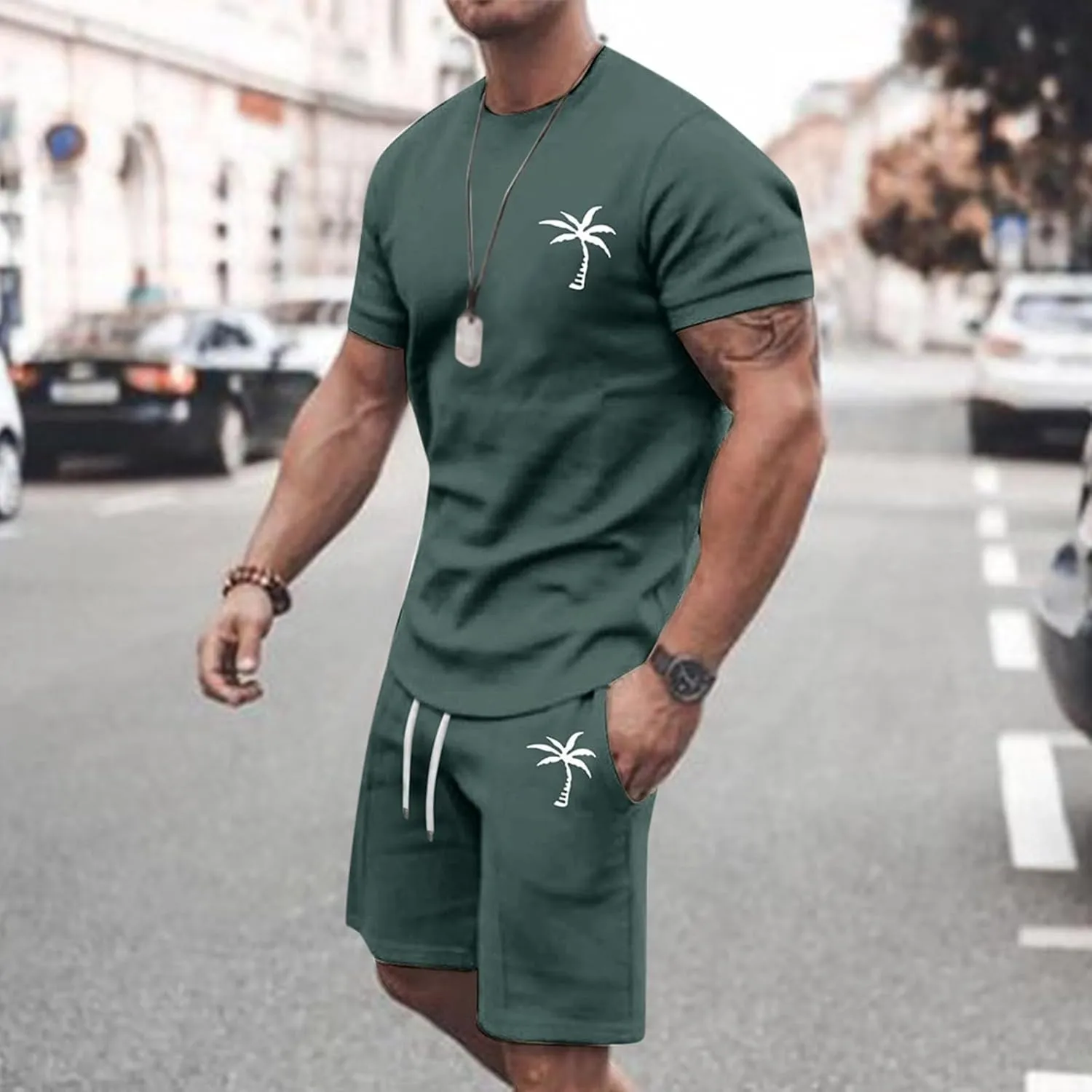 Mens 2 Piece Outfits Summer Casual Tracksuits Short Sleeve Crewneck T Shirts and Drawstring Shorts Sets Beachwear