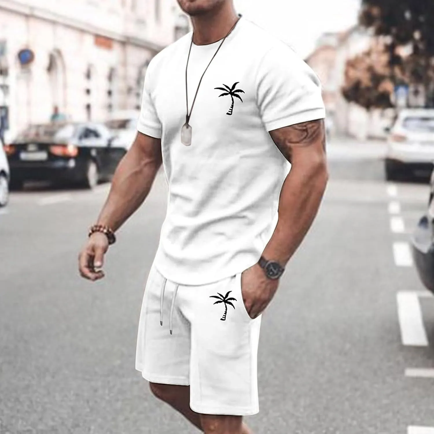Mens 2 Piece Outfits Summer Casual Tracksuits Short Sleeve Crewneck T Shirts and Drawstring Shorts Sets Beachwear