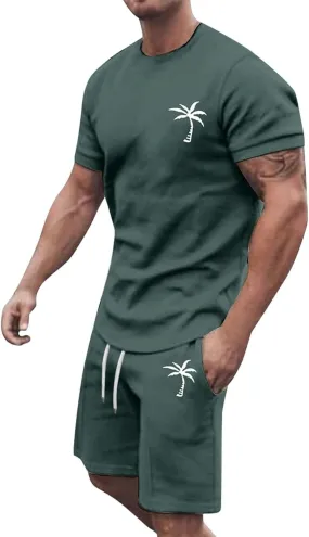 Mens 2 Piece Outfits Summer Casual Tracksuits Short Sleeve Crewneck T Shirts and Drawstring Shorts Sets Beachwear