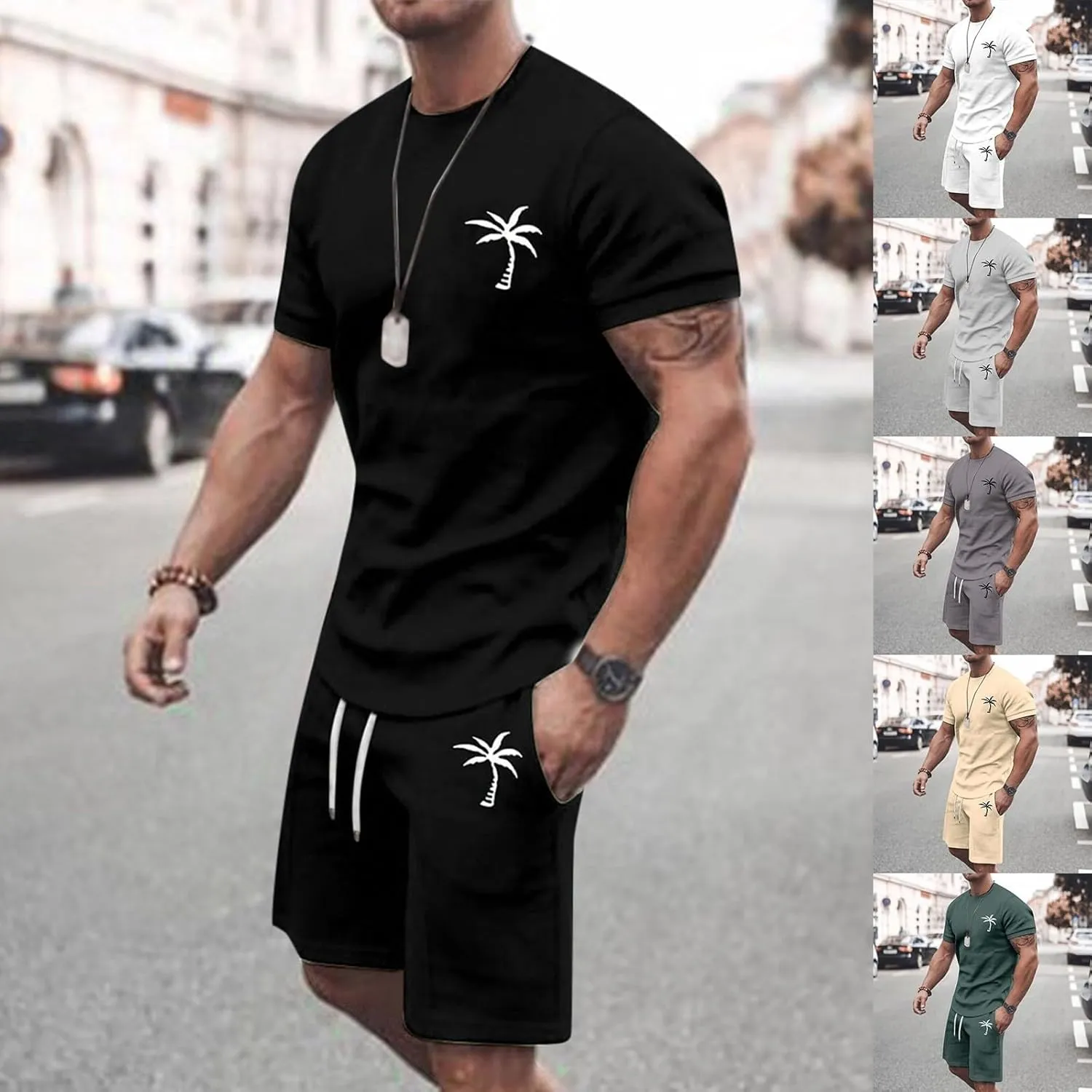 Mens 2 Piece Outfits Summer Casual Tracksuits Short Sleeve Crewneck T Shirts and Drawstring Shorts Sets Beachwear