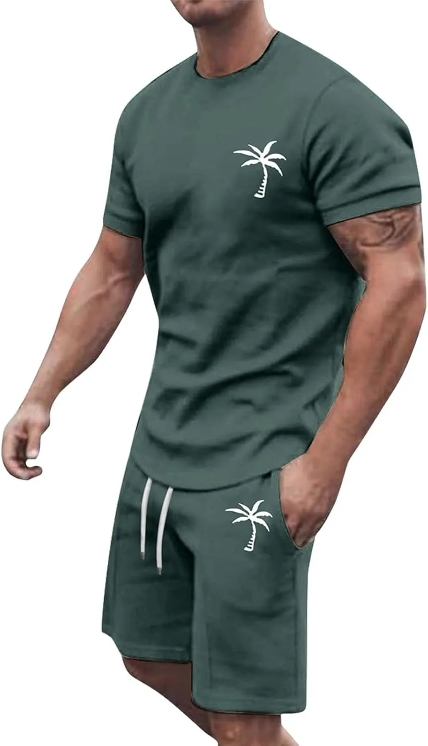 Mens 2 Piece Outfits Summer Casual Tracksuits Short Sleeve Crewneck T Shirts and Drawstring Shorts Sets Beachwear