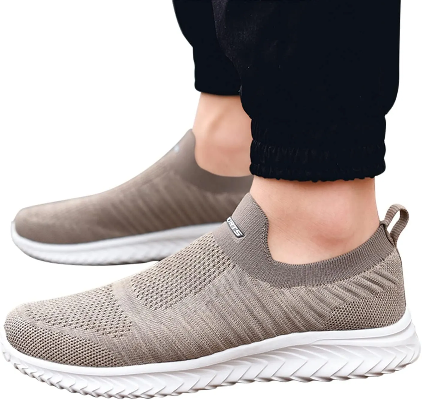 Mens Air Running Shoes Casual Slip On Walking Shoes Tennis Jogging Gym Fashion Sneakers Lightweight Breathable Knitting Trainers (Grey 8 UK) (Beige 8.5 UK)