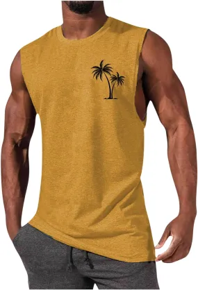 Men's Beach Tank Tops Funny Palm Tree Print Graphic Tee Shirts Casual Sleeveless Muscle T-Shirt Trendy Clothes
