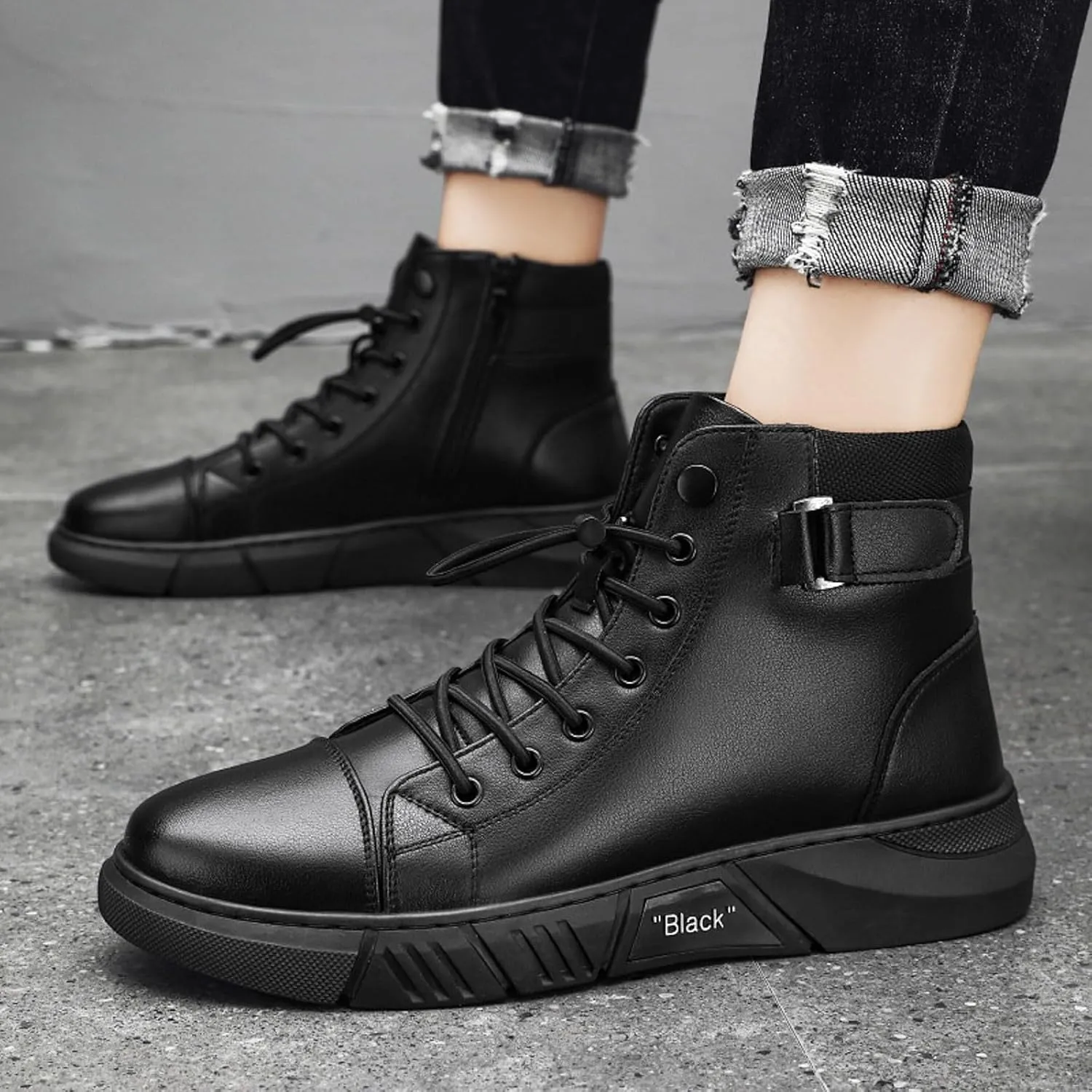 Men's Boots High Top Water Proof Round Toe Laced Up Casual Leather Shoes with British Stylish Men's Trendy Solid Color Thick Sole Heightening Work Boots with Zipper