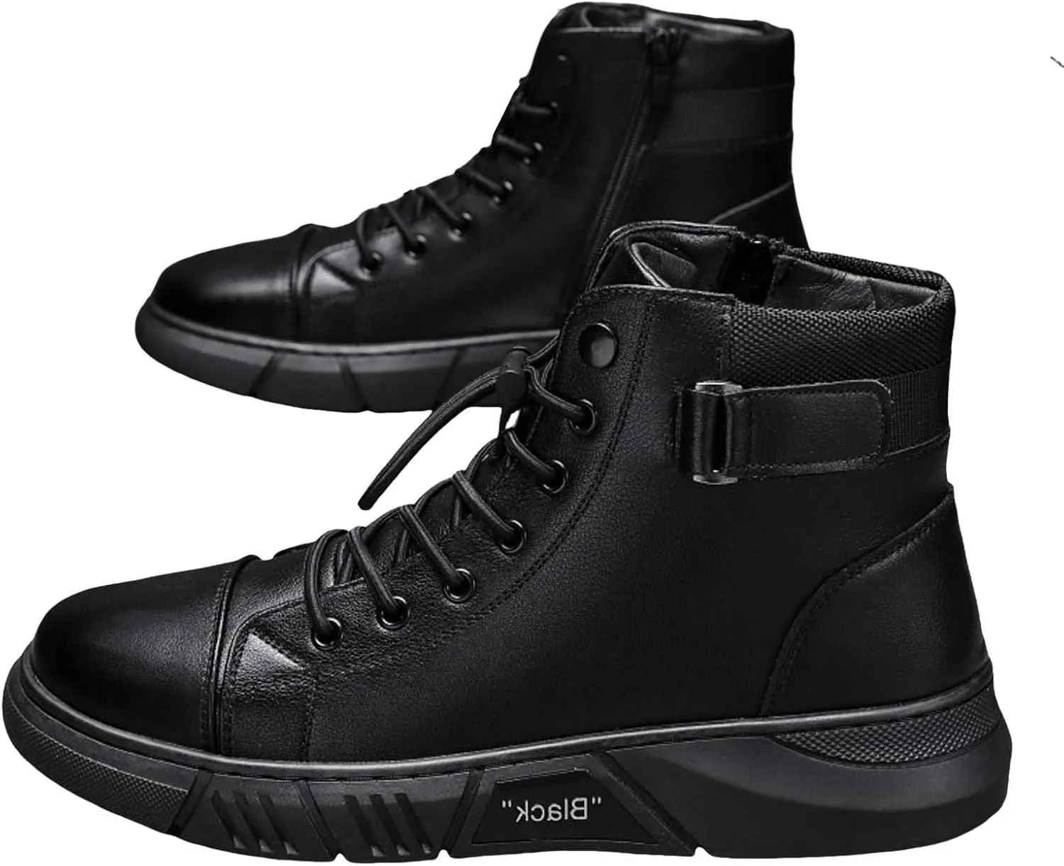 Men's Boots High Top Water Proof Round Toe Laced Up Casual Leather Shoes with British Stylish Men's Trendy Solid Color Thick Sole Heightening Work Boots with Zipper