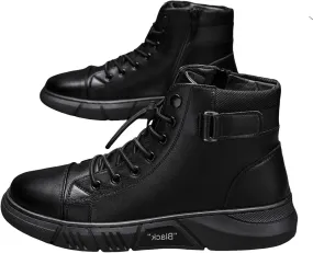 Men's Boots High Top Water Proof Round Toe Laced Up Casual Leather Shoes with British Stylish Men's Trendy Solid Color Thick Sole Heightening Work Boots with Zipper