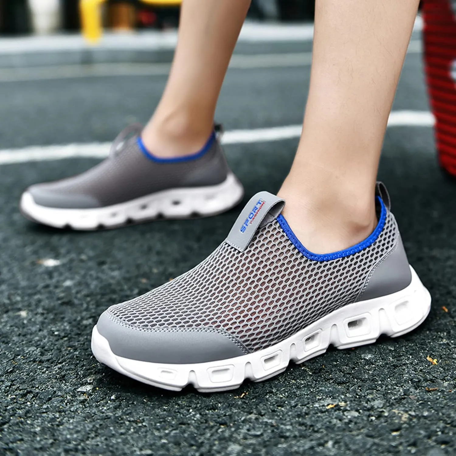 Men's Breathable Mesh Sports Shoes Convenient Slip On Hollow Sneakers Comfortable Walking Shoe Soft Elderly Shoes