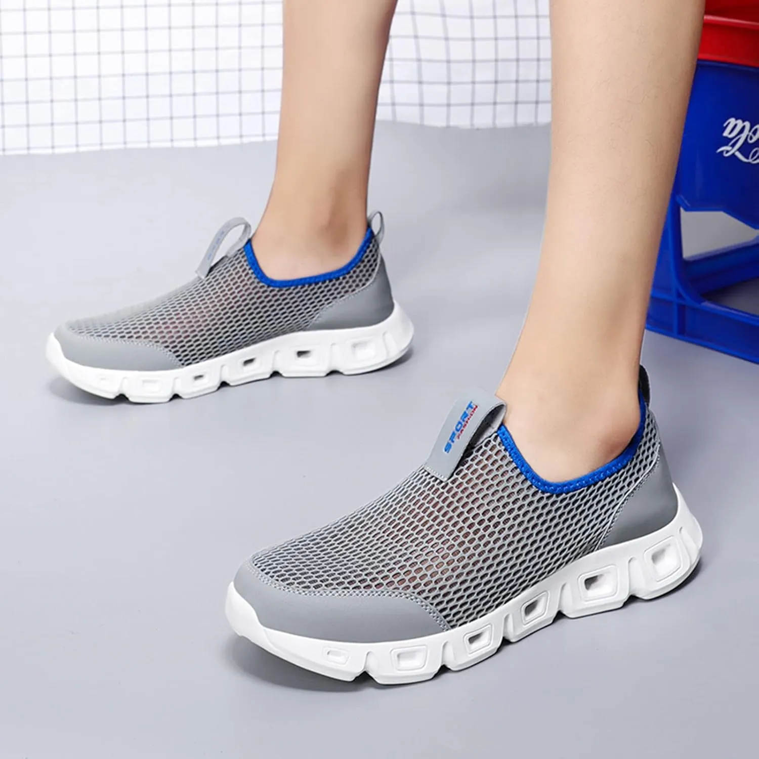 Men's Breathable Mesh Sports Shoes Convenient Slip On Hollow Sneakers Comfortable Walking Shoe Soft Elderly Shoes